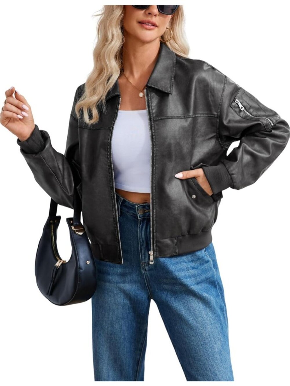 Women's Grey Oversized Fall Winter Faux Leather Bomber Moto Biker Jacket